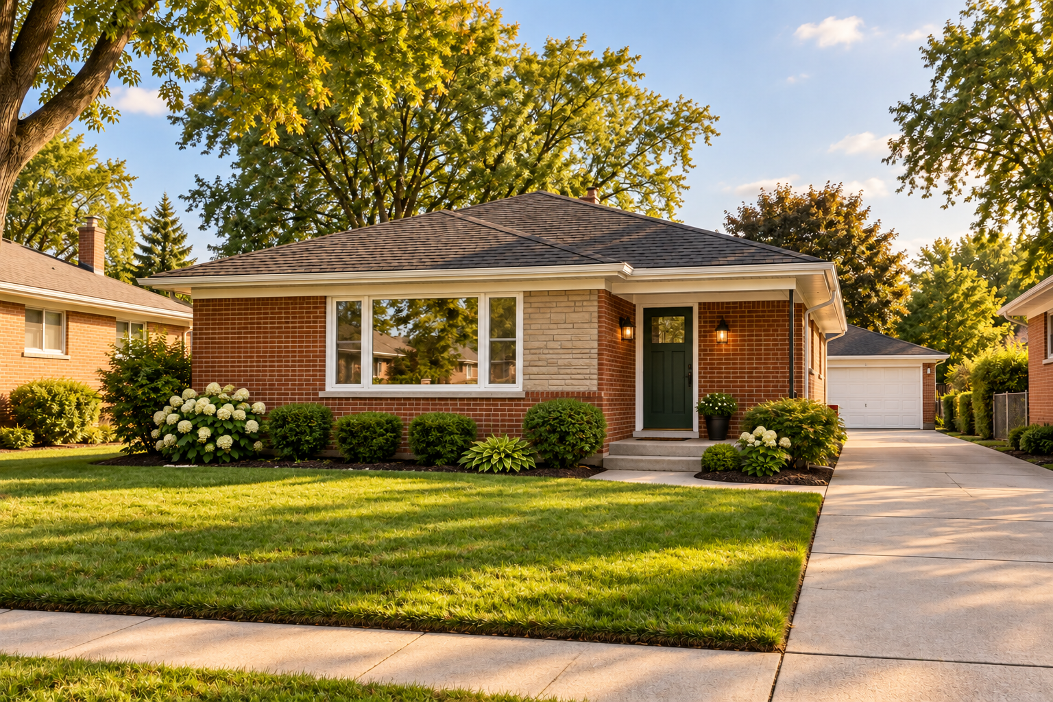 Illustrative updated brick ranch with a green front door and tidy landscaping
